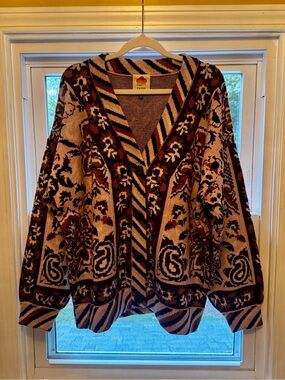 FARM Rio Brown and Cream Patterned V-Neck Cardigan